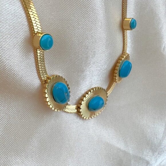 18K Gold plated Turquoise Herringbone necklace Stainless Steel womens jewelry - Picture 7 of 11